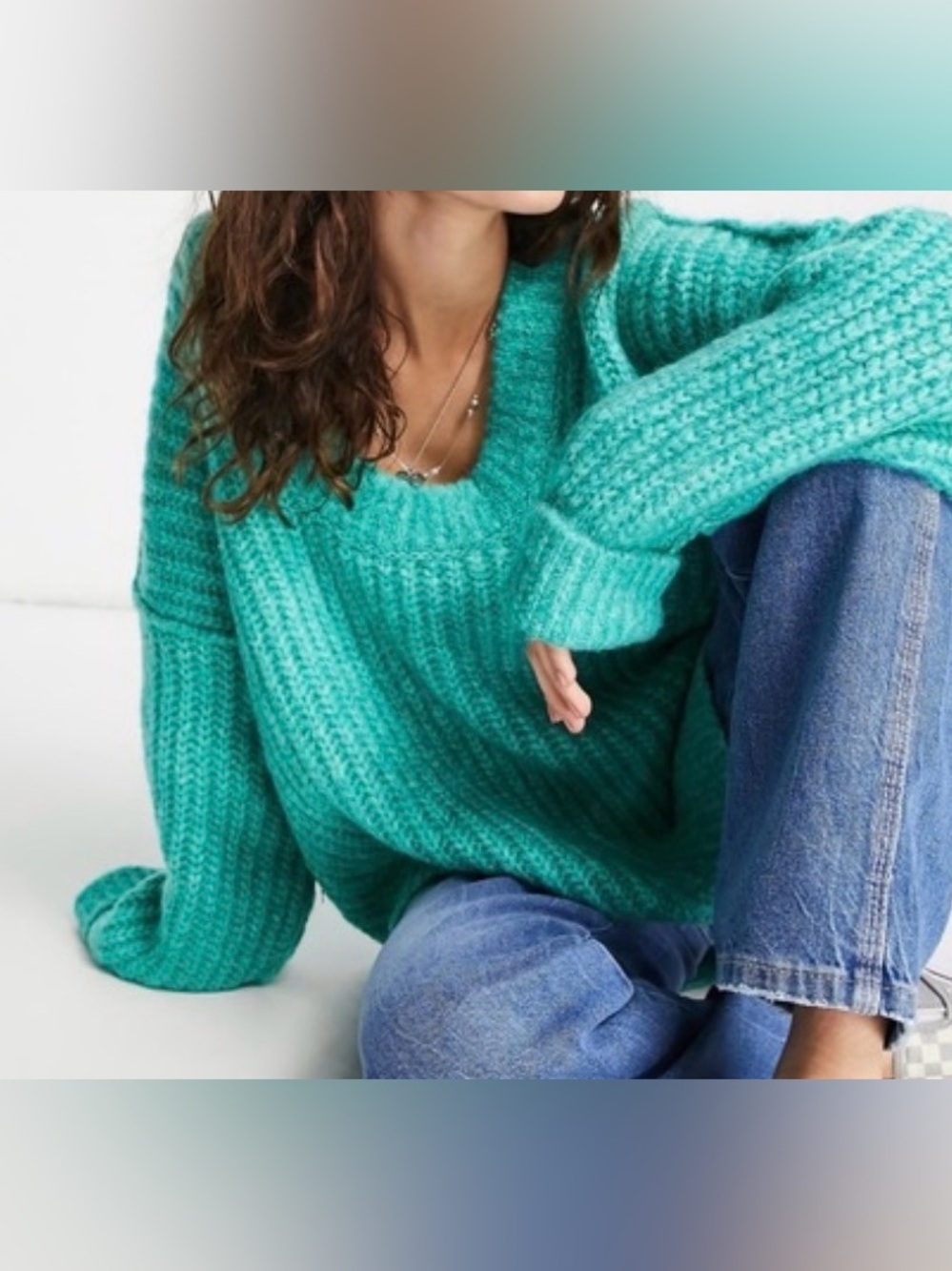 Free People Oversized Teal Scoop Neck Sweater
